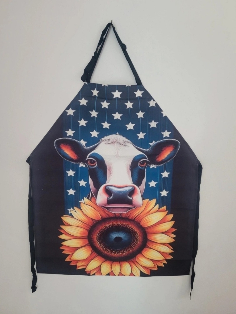 Cow & Sunflower Graphic Apron in Navy and Black